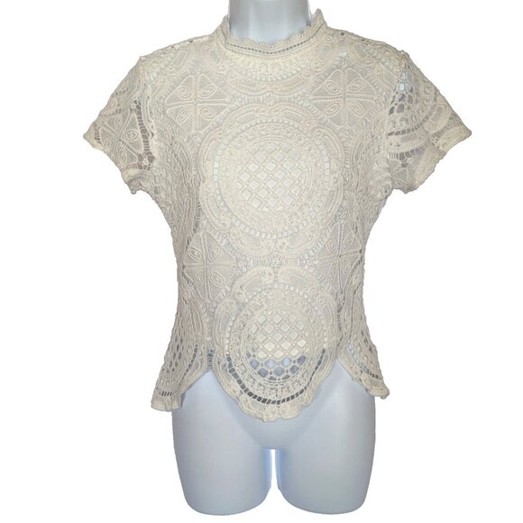 ULTRA PINK CROCHET LACE top blouse Sz SMALL SHORT SLEEVES LINED white A GEM ! - Picture 3 of 15